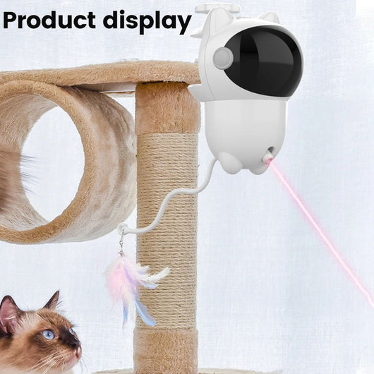 White cat-shaped intelligent laser toy with a black visor and a colorful feather wand attachment for pets. - Image 10