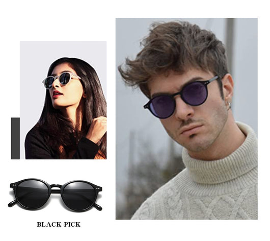 Round black full-rim sunglasses with vibrant blue polarized lenses, ideal for sun protection and fashion. - Image 22