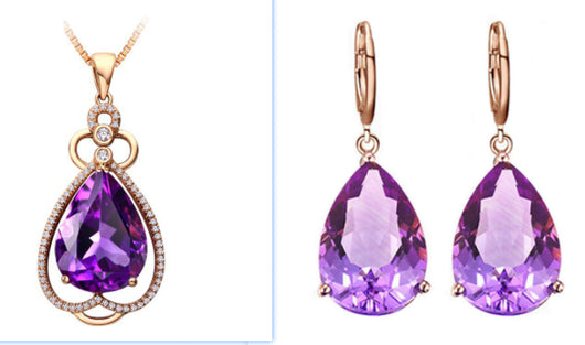 Rose gold necklace with a teardrop purple gemstone pendant and matching dangle earrings. - Image 10