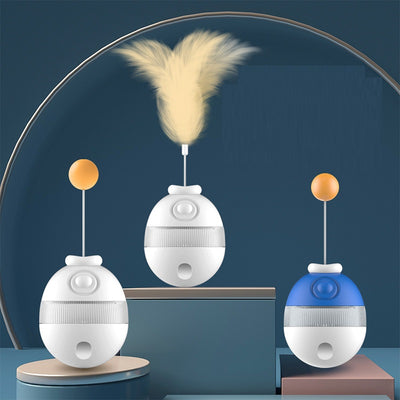Blue and white pet cat toy with an orange ball on a stick, designed as a tumbler for interactive play.