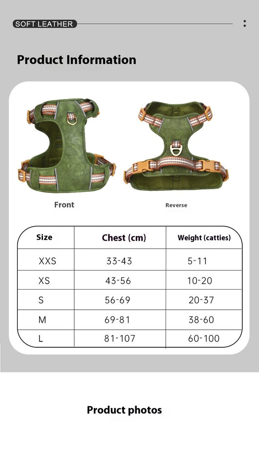 Brown leather pet harness with reflective stripes, adjustable tan buckles, and a gold D-ring on a white background. - Image 11