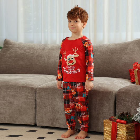 Family matching red Christmas pajamas with a cartoon reindeer and "Merry Christmas" text on a plaid background. - Image 14