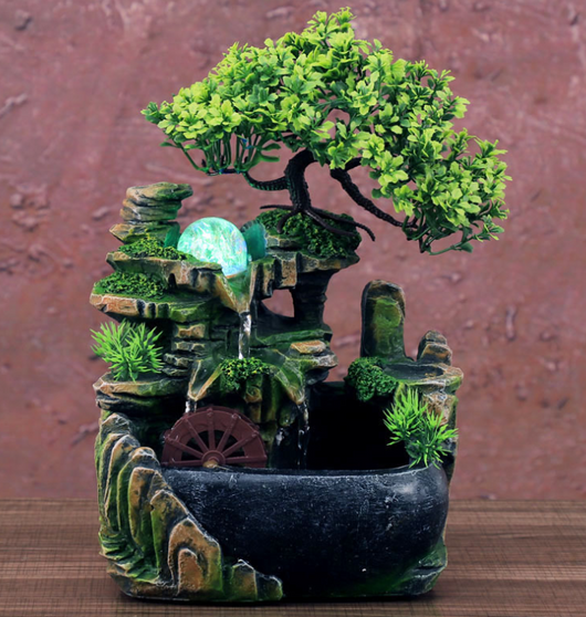 Resin desktop fountain with simulation rockery, a green bonsai tree, glowing orb, and water wheel. Measures 30cm tall. - Image 14