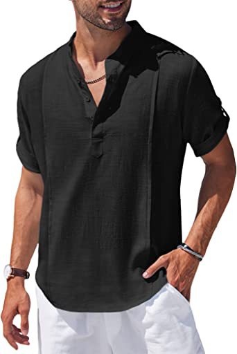 Camisa Lino Henley Hombre Manga Corta Casual Playa Verano - Image 3