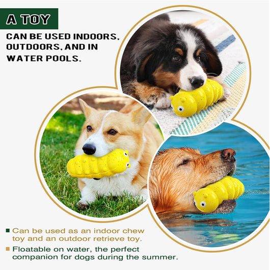 Bright green caterpillar-shaped dog chew toy with a smiling face and textured body. A beagle puppy holds a smaller version of the toy. - Image 14