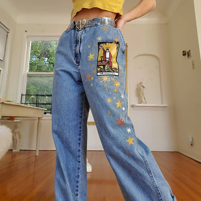 Pantalón Denim Recto Estampado con Estilo Urbano Europeo y Americano para Mujer - Image 4