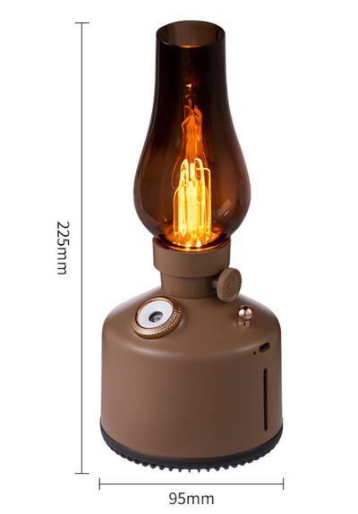 Wood grain kerosene lamp air humidifier with a clear glass-like top and a white light element, featuring a gold control knob. - Image 22