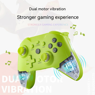 Blue Bluetooth wireless game controller with black joysticks and buttons for Android, iOS, PC, and Switch.