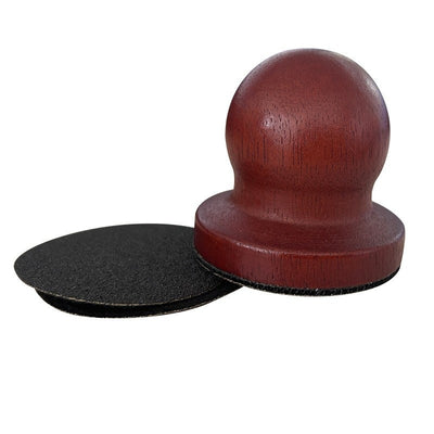 Red wooden dog claw grinding tool with a spherical handle and three circular black abrasive sanding pads. - Image 18