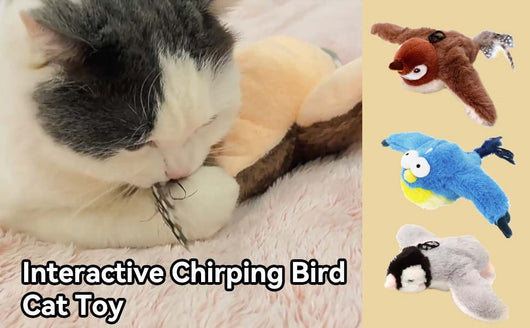 Plush brown and white bird cat toy with yellow accents, a feather tail, and a black clip on its back. - Image 12
