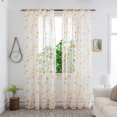 Sheer white mesh curtains with purple and light blue floral patterns, hung on a black rod in a bright room. - Image 17