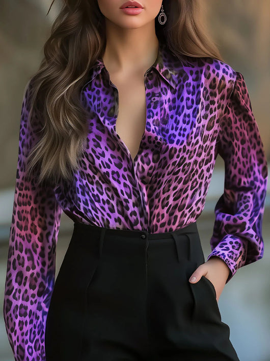 Camisa Suelta Estampado Leopardo Elástica de Satén para Primavera y Otoño - Image 8
