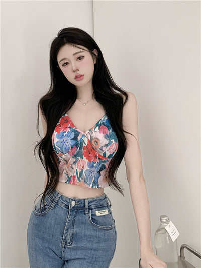 Camiseta Floral con Contraste Francés Slim Fit para Mujer