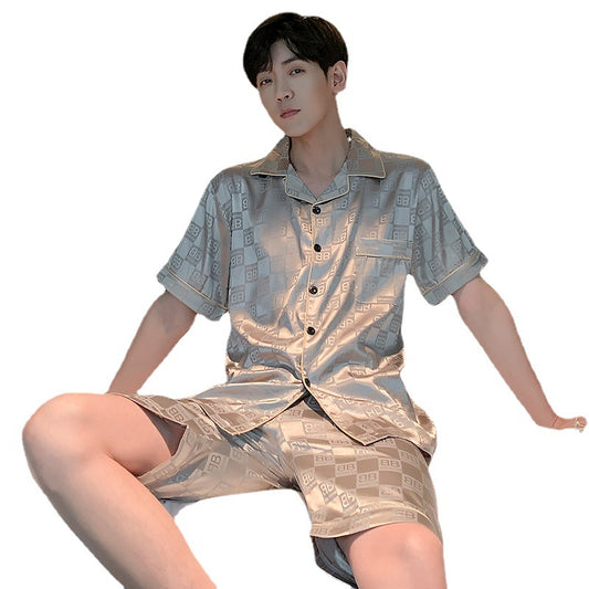 Pijama Hombre Verano Seda Hielo Talla Grande Manga Corta Jacquard Suave - Image 2