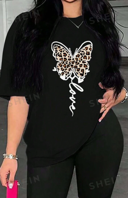 Playera Gráfica para Mujer con Estampado de Mariposas e Inglés
