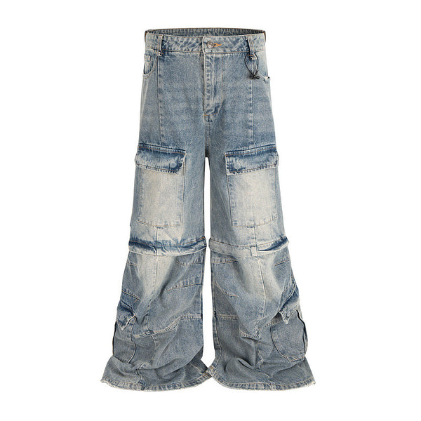 Overol Denim Vintage Desgastado con Bolsillos Múltiples y Doble Uso