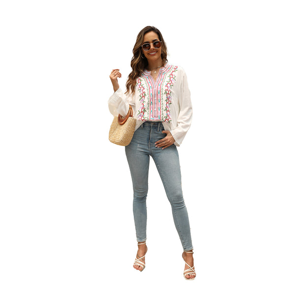 Camisa Bordada Cuello Mao Largo para Mujer