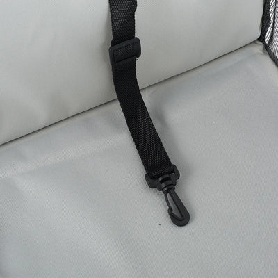 Light grey pet car booster seat with black mesh sides and adjustable straps, installed on a black and red car seat. - Image 34