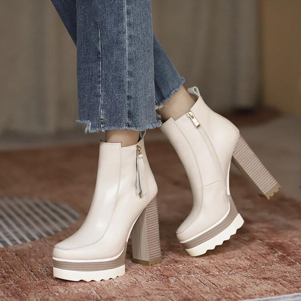 Botas Tobilleras Plataforma Gruesa Tacón Alto Punta Redonda para Commuter