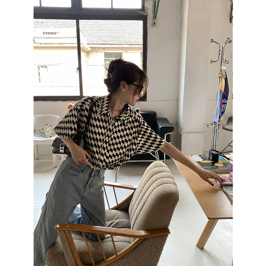 Polo Cuadros Blanco y Negro Mujer Manga Corta Suelta Estilo Casual
