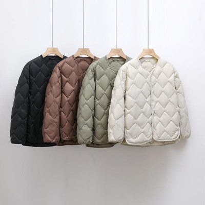 Abrigo de Plumas de Pato Blanco Talla Grande con Cuello en V y Diseño Acolchado
