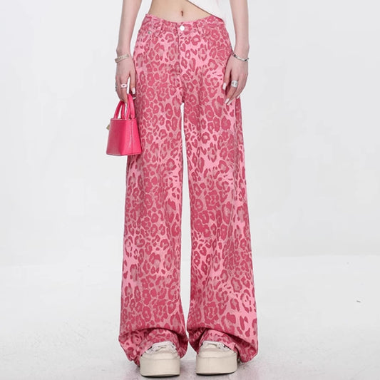 Pantalones Jeans Mujer Estampado Leopardo Corte Recto Holgado