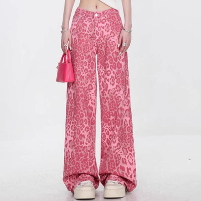Pantalones Jeans Mujer Estampado Leopardo Corte Recto Holgado
