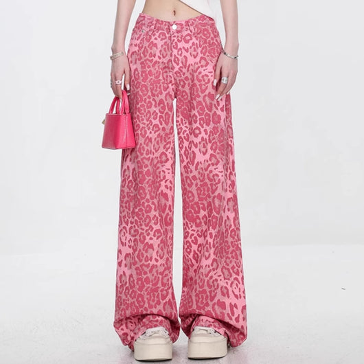 Pantalones Jeans Mujer Estampado Leopardo Corte Recto Holgado