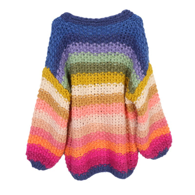 Suéter Tejido a Mano con Rayas Arcoíris y Flores - Diseño Europeo Grueso - Image 10