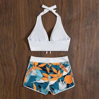 Traje de Baño Dos Piezas con Estampado de Hojas y Shorts Ajustables - Image 4
