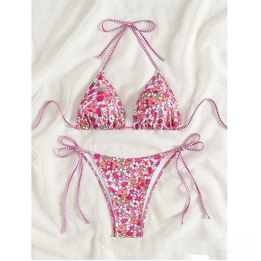 Female creative minimally printed split bikini set with a vibrant bohemian pattern and tie-side bottoms. - Image 5