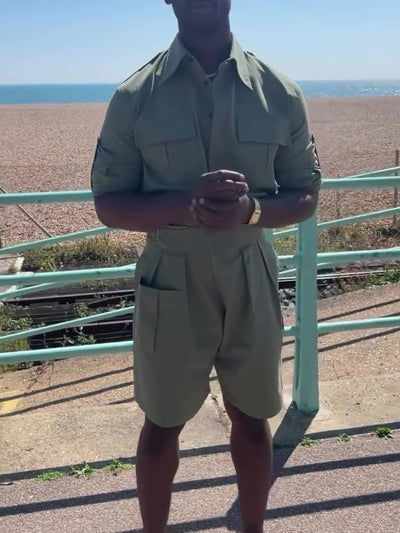 Conjunto Camisa Manga Larga Verde Militar con Shorts Talle Alto - Image 4