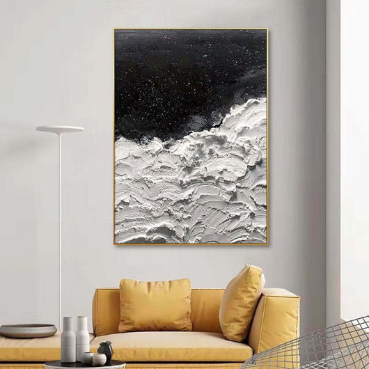Cuadro Abstracto al Óleo Océano de Estrellas - Arte Moderno en Blanco y Negro para Decoración del Hogar