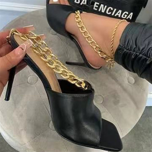 Tacones Altos Metalizados con Punta Cuadrada y Cadena Decorativa - Image 4