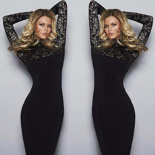 Vestido Elegante de Encaje Manga Larga Cuello Alto Ajustado