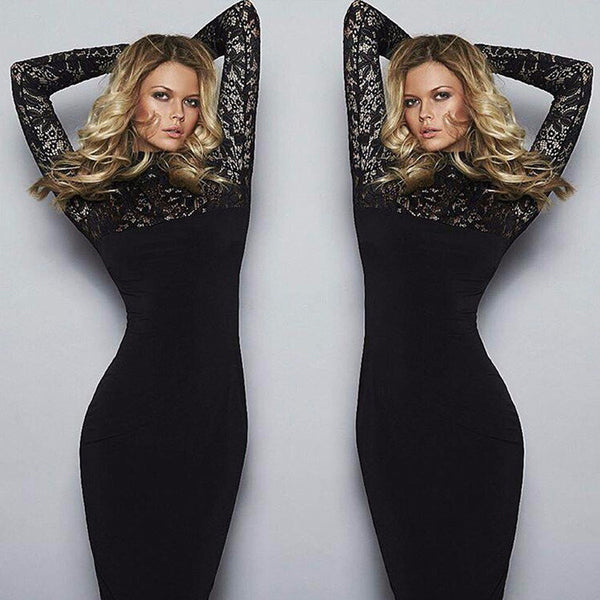 Vestido Elegante de Encaje Manga Larga Cuello Alto Ajustado