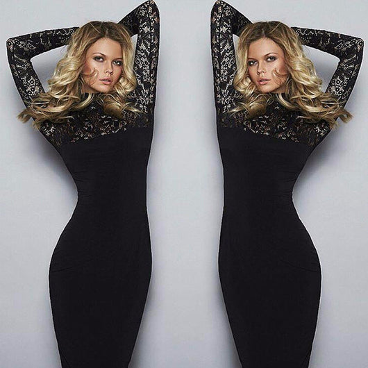 Vestido Elegante de Encaje Manga Larga Cuello Alto Ajustado