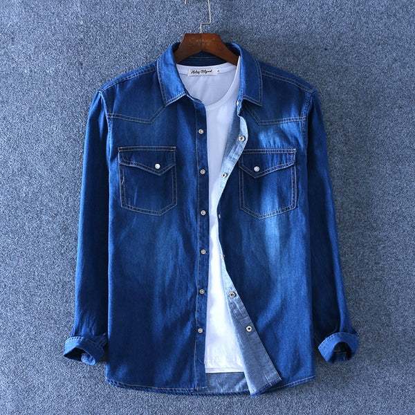 Camisa de Algodón Denim para Hombre de Manga Larga