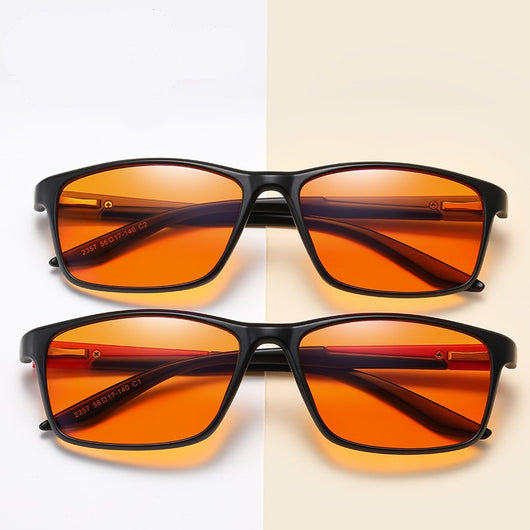 Matte black retro square frame anti-blue light glasses with orange lenses and gray temple accents. - Image 10