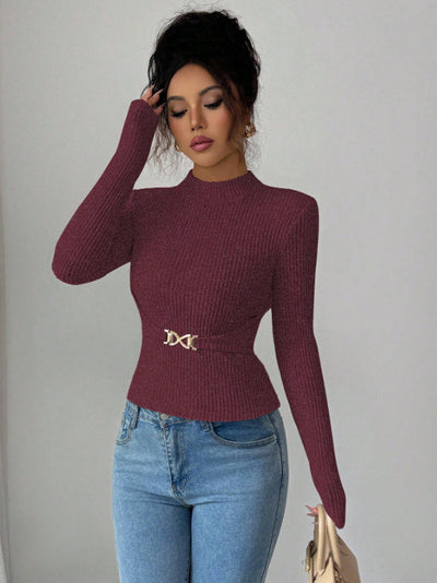 Blusa Base Cuello Mock Ajustada con Mangas Largas para Mujer - Image 11
