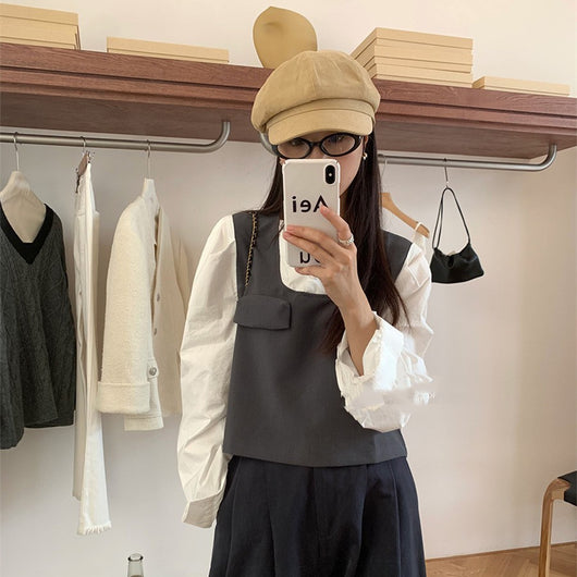 Blusa Minimalista Francesa de Dos Capas con Manga Larga para Mujer