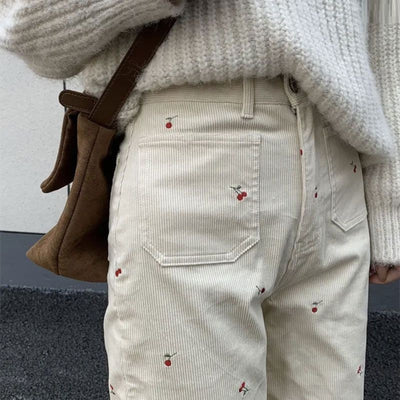 Pantalones Rectos de Pana con Bordado de Cereza - Estilo Retro Casual Cómodo - Image 3