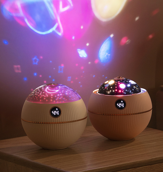 Pink spherical humidifier with a white top, ribbed texture, rose gold band, and a digital display showing 73%. - Image 16