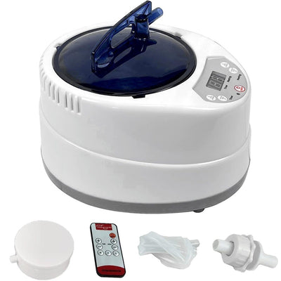 Portable brown quilted full body sauna room with steam generator, remote control, and accessories on a white background. - Image 3
