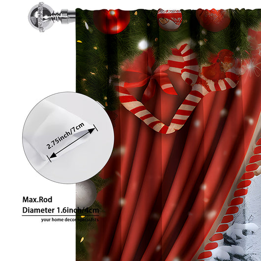 Pair of Christmas curtains with a 3D digital print of a snowy winter window scene, frosted trees, and snowflakes. - Image 5