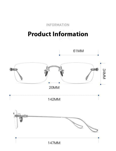 Silver rimless reading glasses with clear lenses held by a hand, featuring decorative temples and smart zoom technology. - Image 15