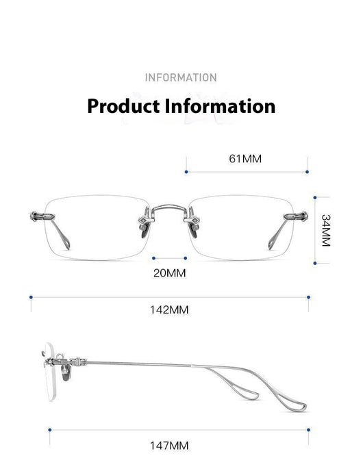 Silver rimless reading glasses with clear lenses held by a hand, featuring decorative temples and smart zoom technology. - Image 15
