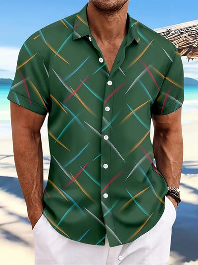 Camisa de Playa Hombre Rayas Plumas - Manga Corta Botones Casual Verano - Image 9
