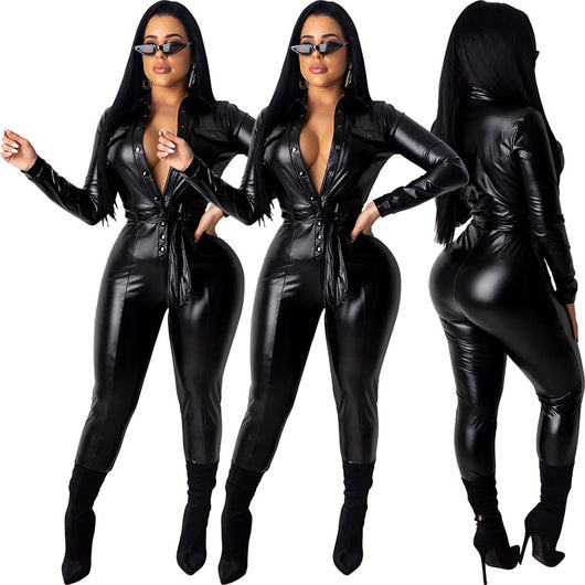 Jumpsuit Ajustado de PU con Cinturón Elegante - Image 7