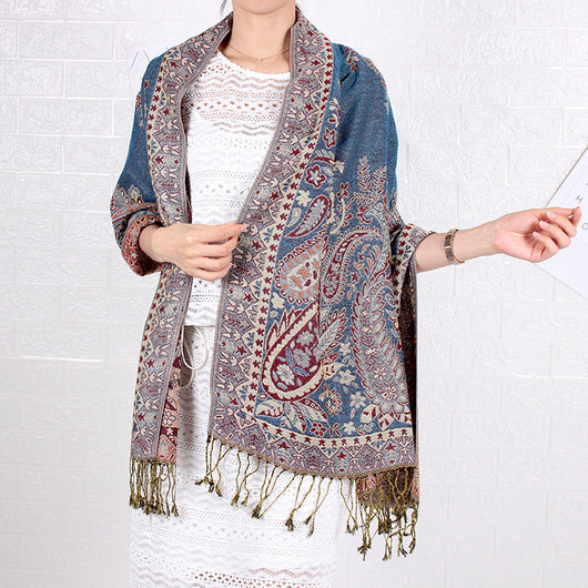 Bufanda Larga Étnica con Patrón de Anacardo - Chal Jacquard para Mujer